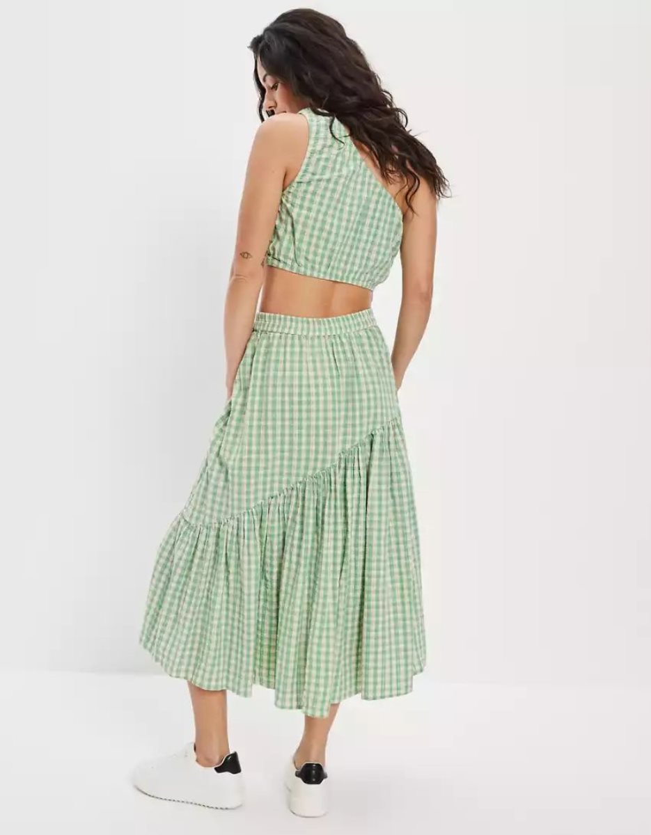 Jupes American Eagle AE Gingham Asymmetrical Tiered Midi Vert Femme | XXY-44850123